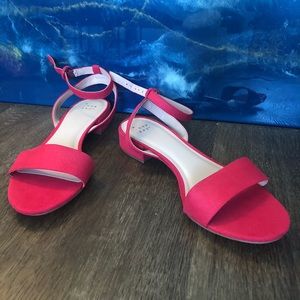 Red suede ankle strap heeled sandal